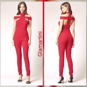 Modern futuristic Red fitted jumpsuit cut-out shoulder futuristic sexy